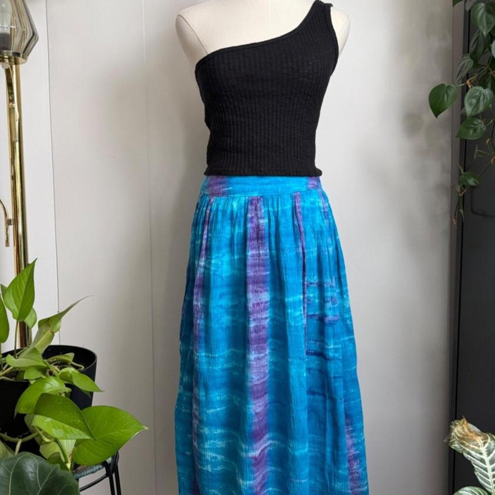 Blue Purple Tie Dye Midi Skirt Crinkle Pleated Boho Side Zip Small